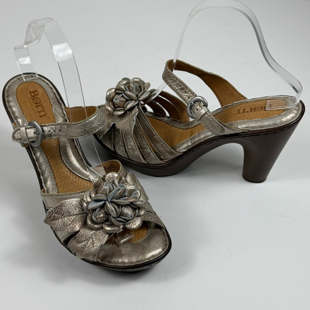 Born Metallic Champagne Gold Leather Floral Heel Sandals 8 Coquette Fairycore